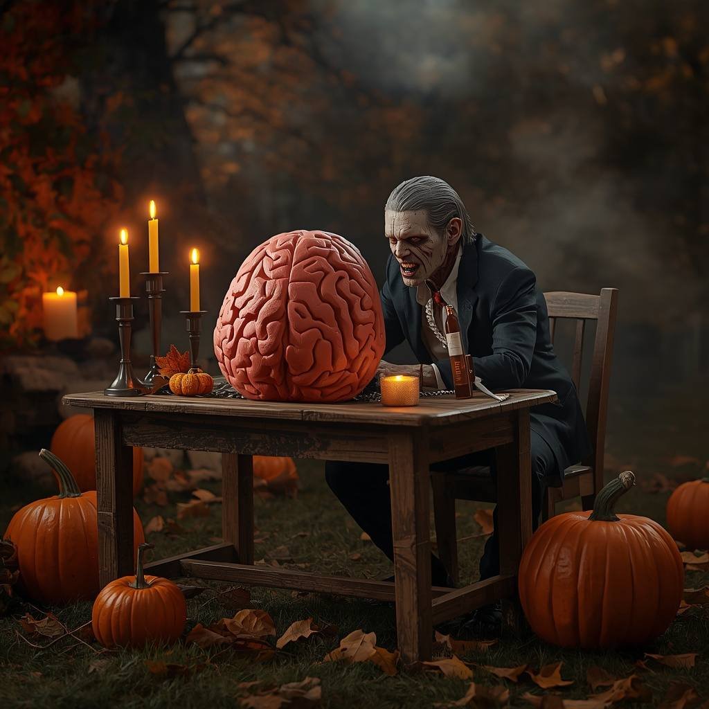 Playful zombie with a brain-themed Halloween prop surrounded by pumpkins