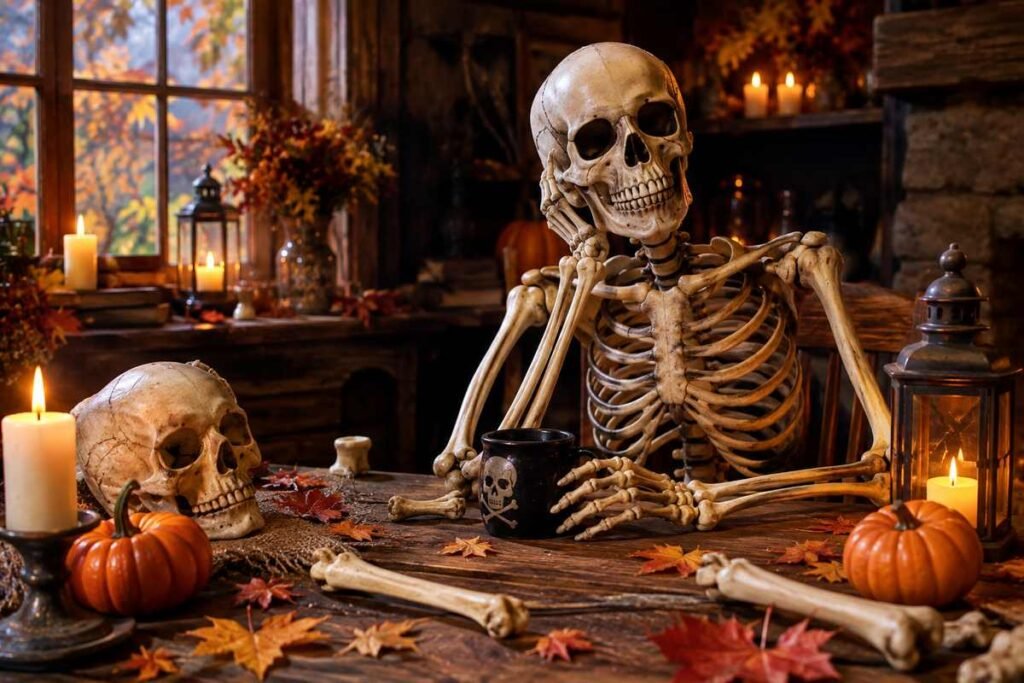 Skeleton surrounded by bones, skull, pumpkins, and autumn decorations