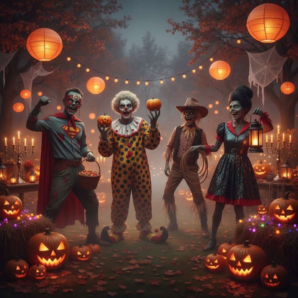 Funny zombies in creative Halloween costumes at a spooky party