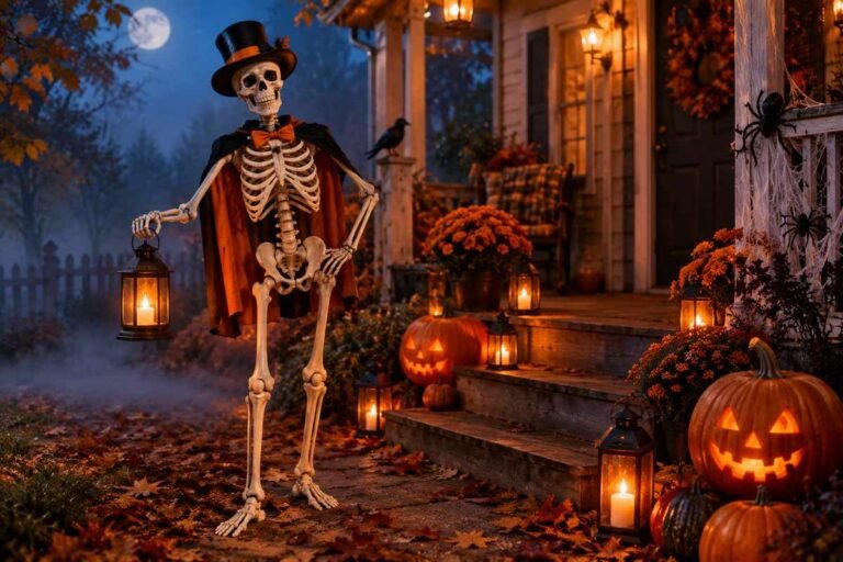 Friendly skeleton standing on a cozy Halloween porch with pumpkins and autumn decorations