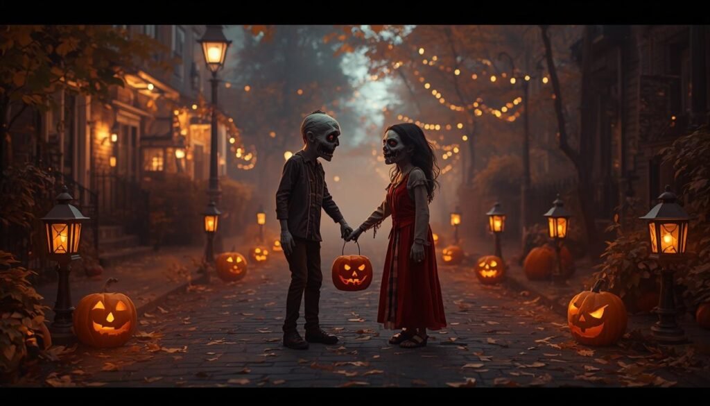 Two friendly zombies holding hands beside glowing Halloween pumpkins