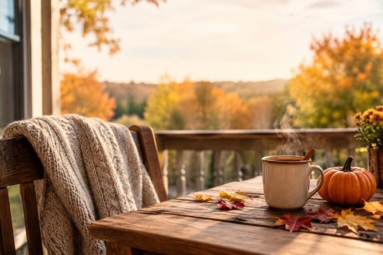 Cozy autumn porch scene with a sweater, mug of cider, pumpkin, and fallen leaves