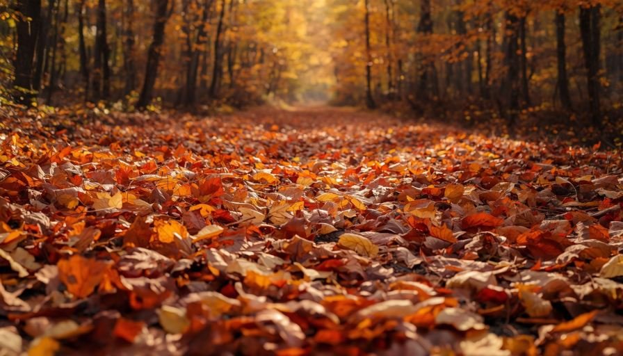 Forest path covered in colorful fallen autumn leaves
