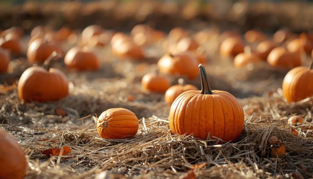 Pumpkin patch with pumpkins resting on hay in natural daylight
