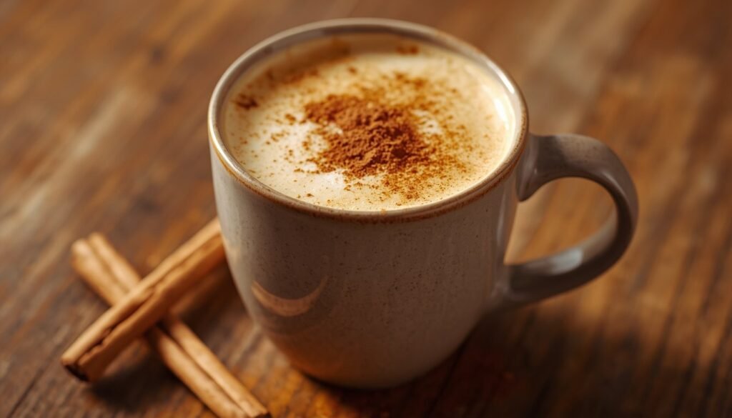 Pumpkin spice latte topped with cinnamon in a ceramic mug
