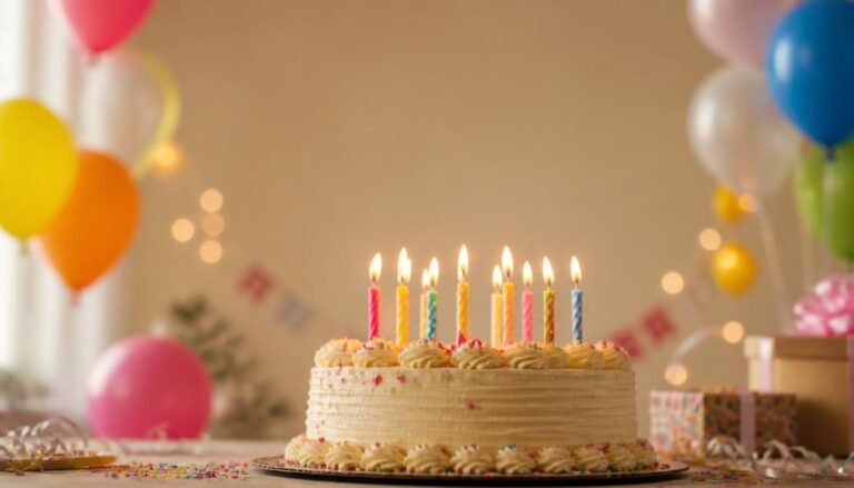 Lit birthday cake on a table with blurred balloons in the background