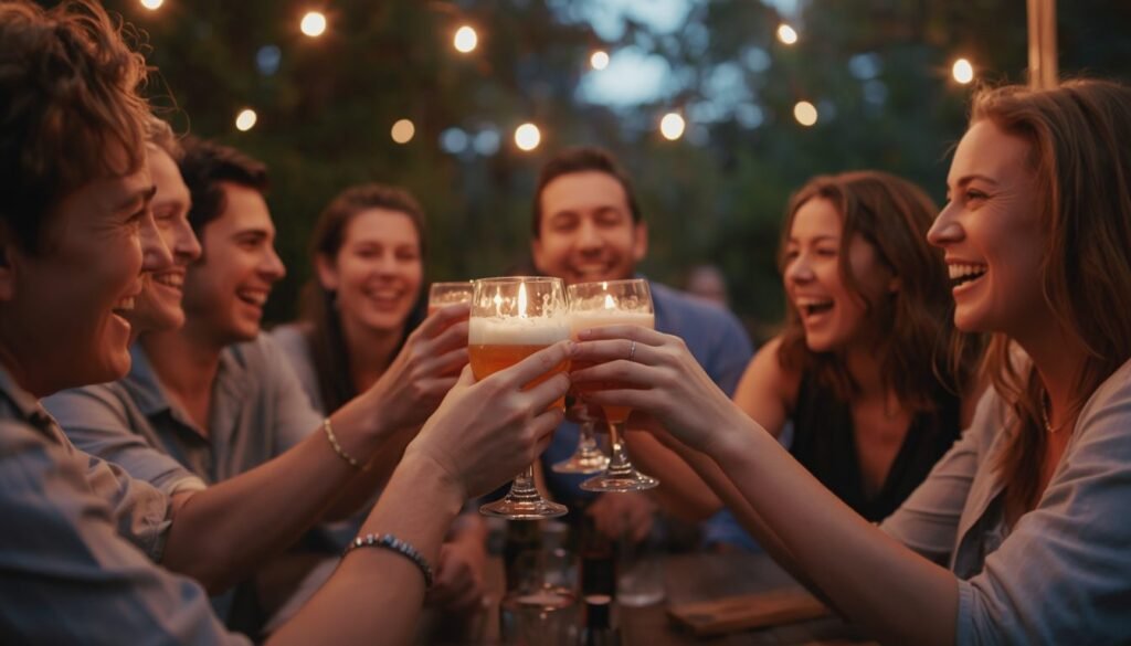 Friends toasting drinks together at an evening birthday celebration