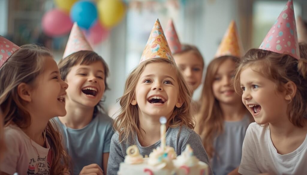 Children wearing party hats laughing at a birthday party