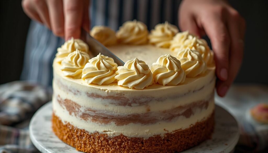 Hands slicing into a layered birthday cake