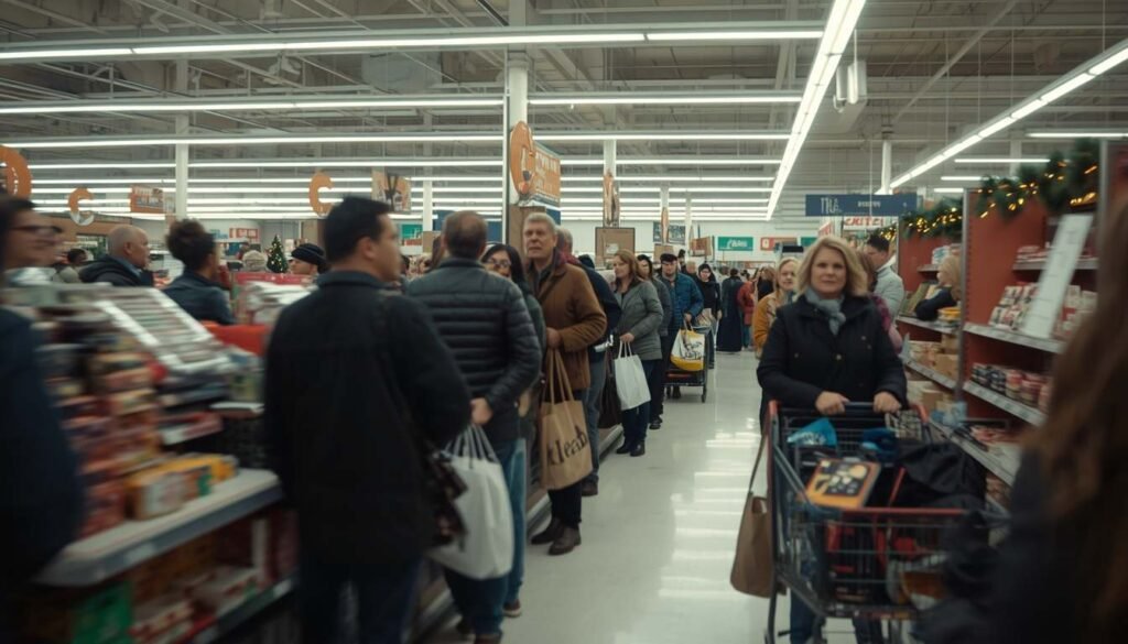 Shoppers waiting in a long checkout line during a Black Friday sale event