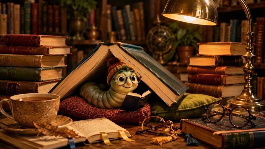 cute bookworm reading inside an open book surrounded by novels