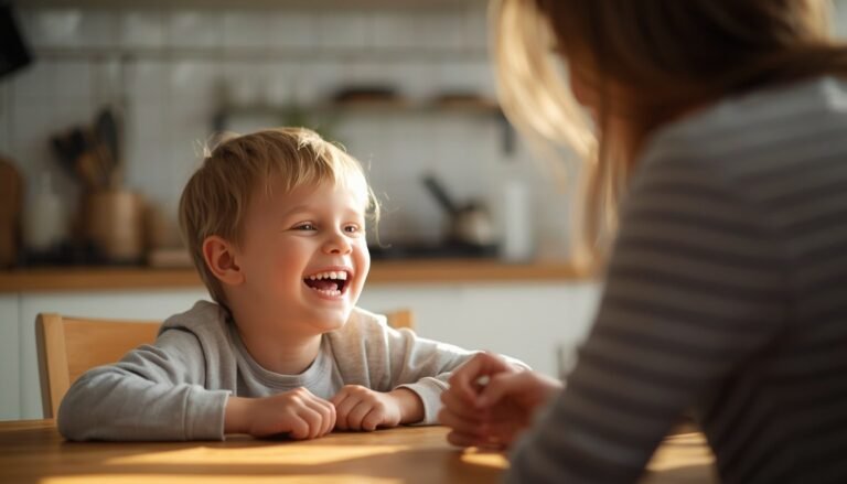 Child and parent laughing together at the kitchen table over a joke