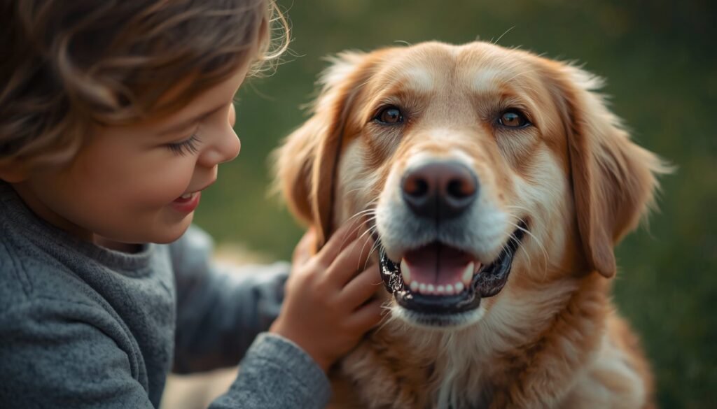 Child smiling while petting a dog outdoors
