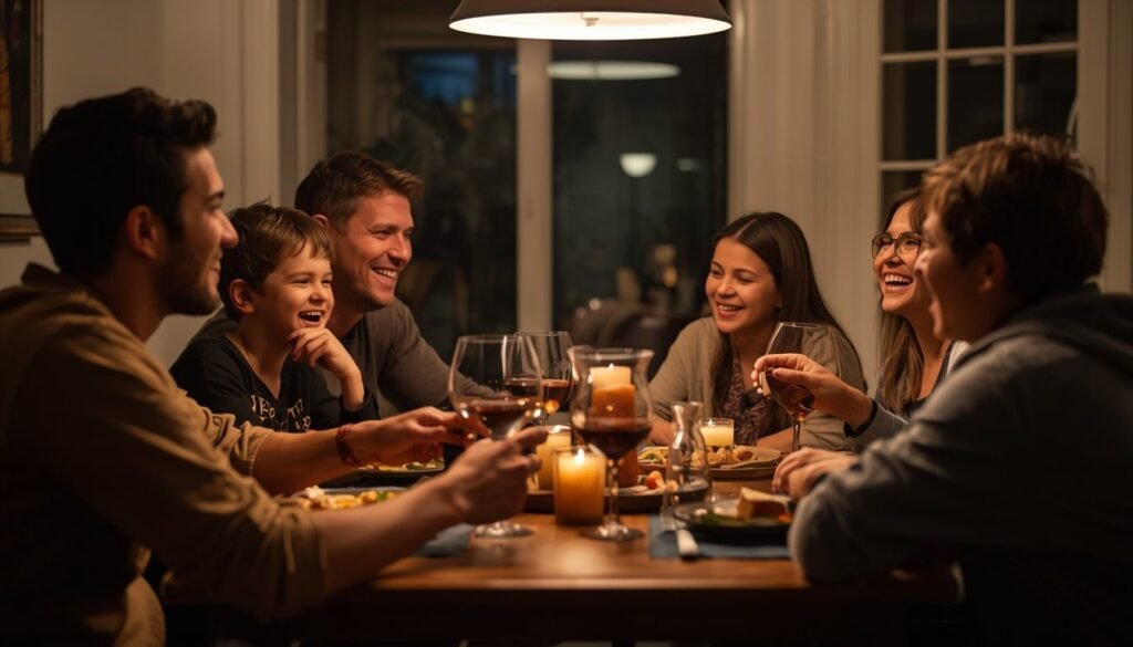 Family laughing together at the dinner table