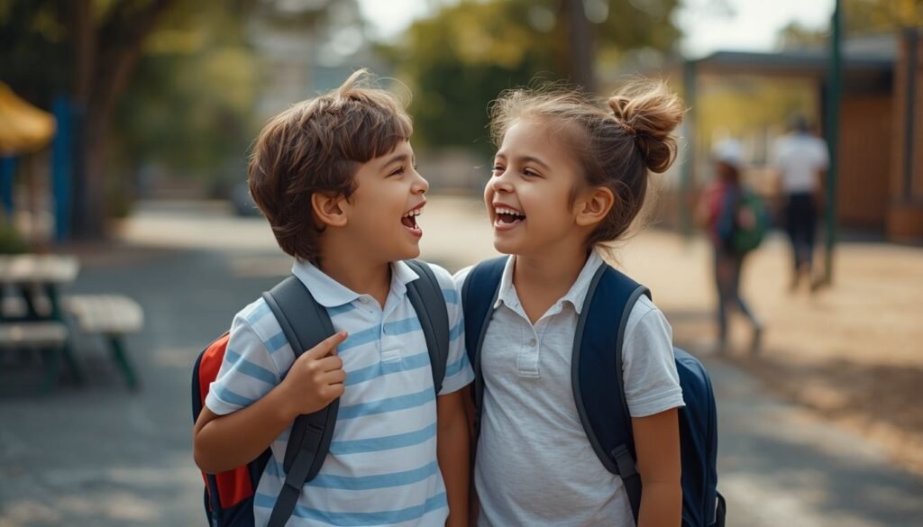 Two children laughing together on a school playground