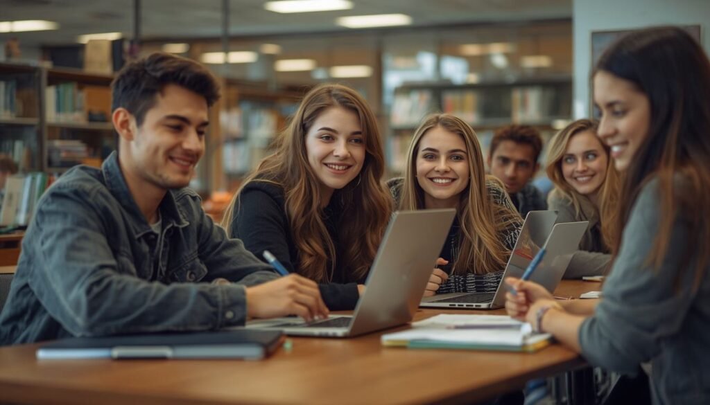 Alt Text: Students studying together at a library table with laptops