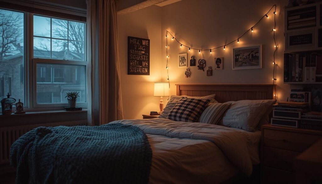 Alt Text: Cozy dorm room with string lights and personal decor
