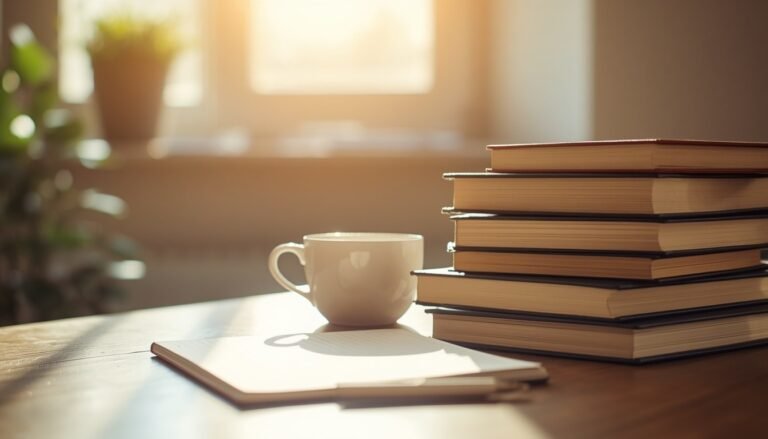 Alt Text: Textbooks, coffee cup, and notebook arranged on a sunlit desk