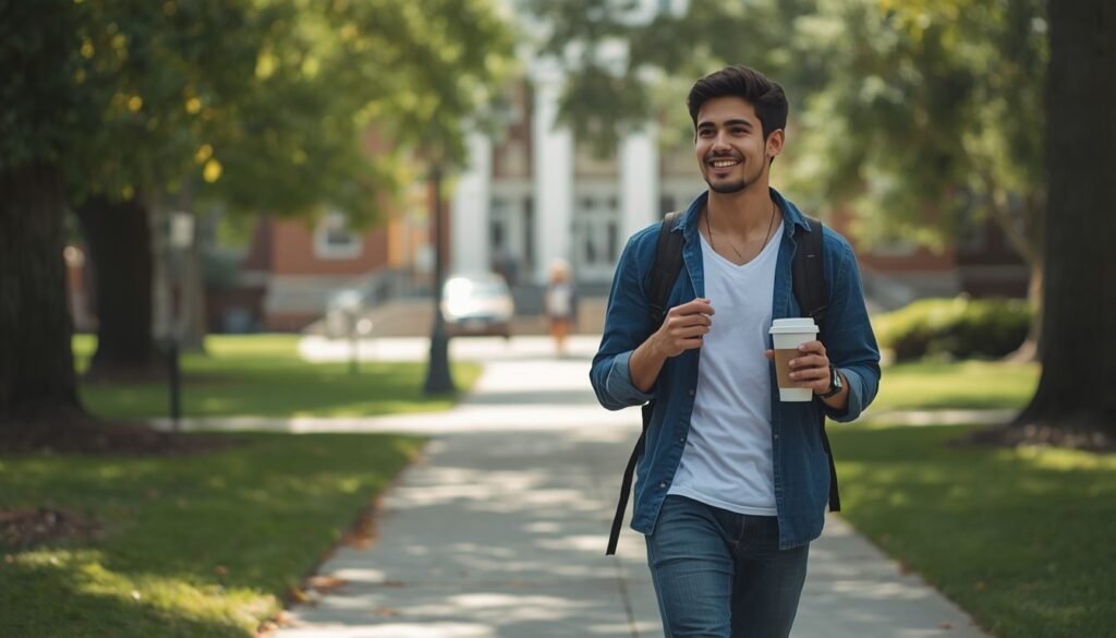Alt Text: Student walking across a college campus while holding a coffee cup
