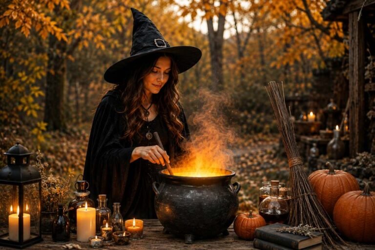 witch puns Halloween witch with glowing cauldron