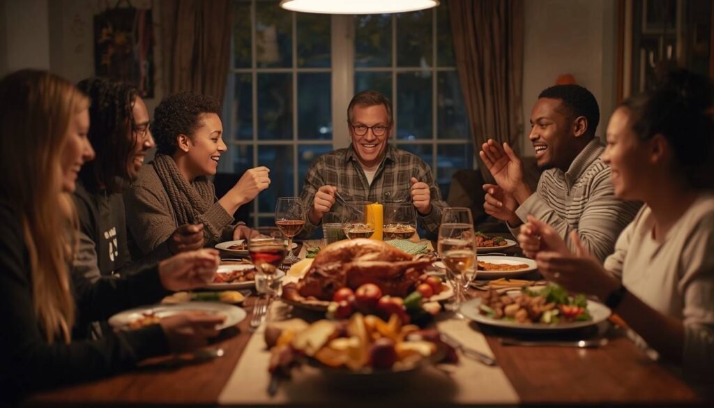 Family and friends laughing together around a Thanksgiving dinner table