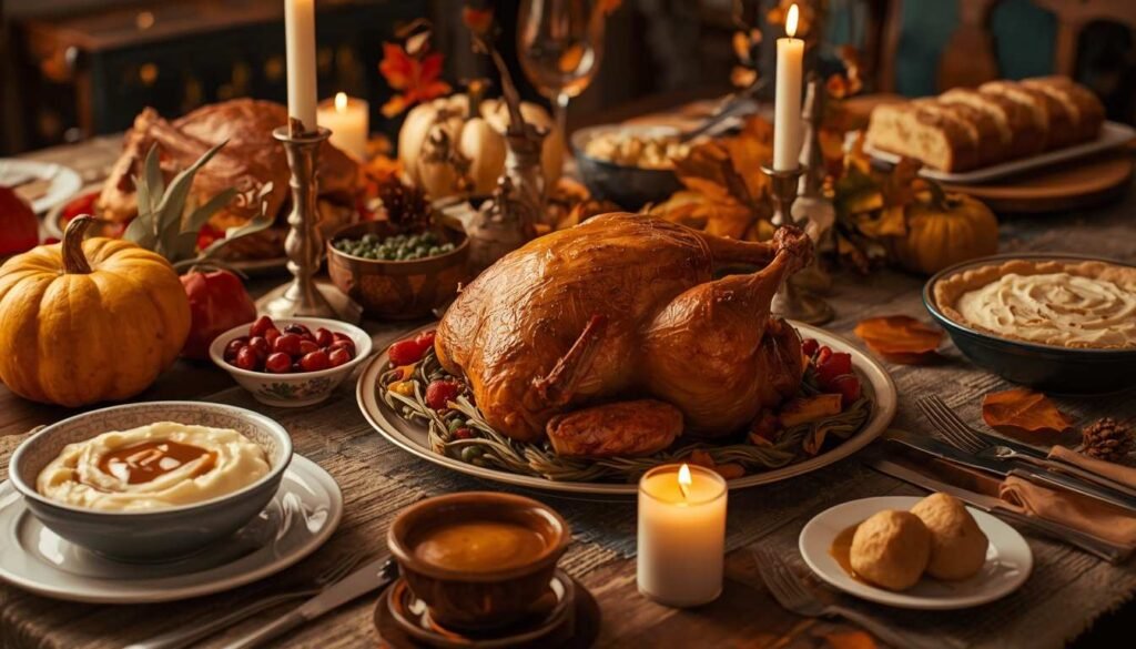 Festive Thanksgiving table with pumpkin pie and autumn decorations