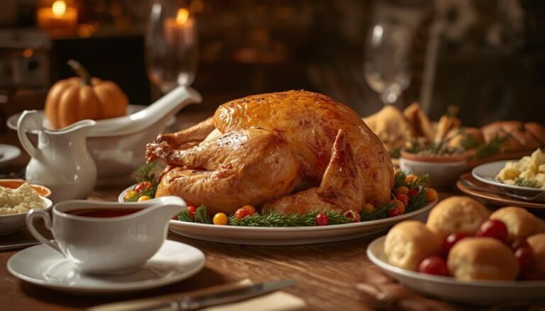 Roasted turkey and classic Thanksgiving foods on a festive dinner table