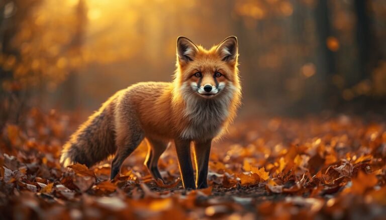 Charming red fox standing in an autumn woodland