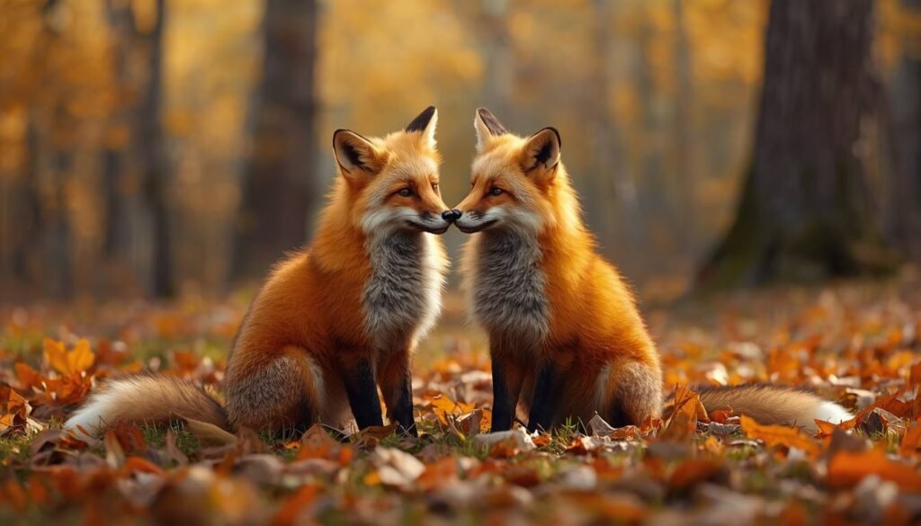 Two friendly red foxes sitting together in an autumn forest