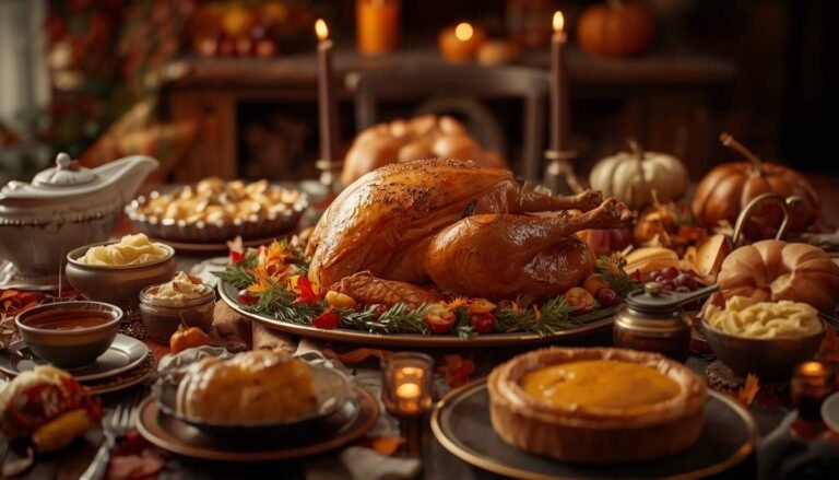 Thanksgiving food puns featuring turkey, stuffing, gravy, potatoes, and pumpkin pie