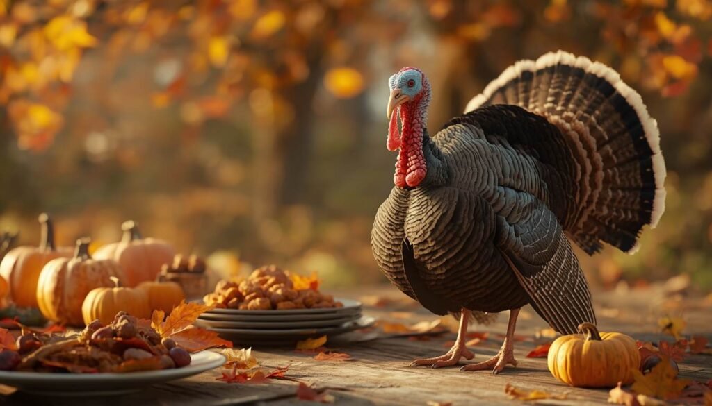 Roasted turkey with traditional Thanksgiving food and side dishes