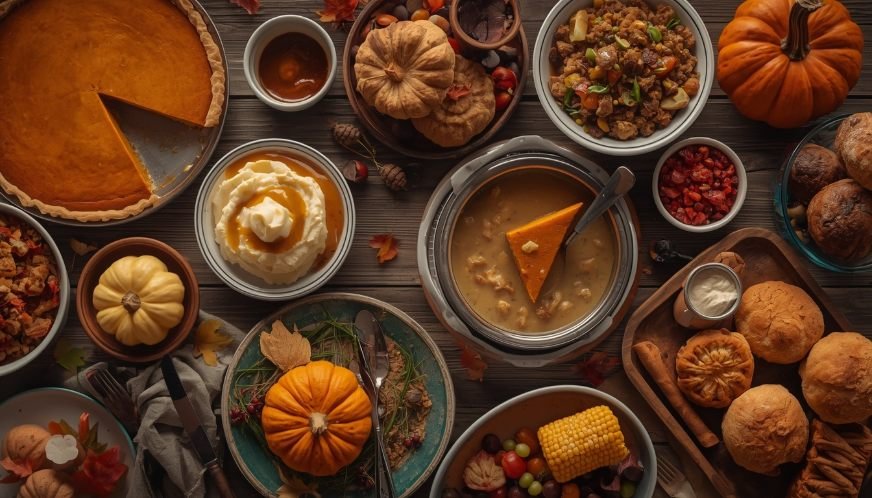 Thanksgiving side dishes with mashed potatoes, stuffing, sweet potatoes, cranberry sauce, and corn