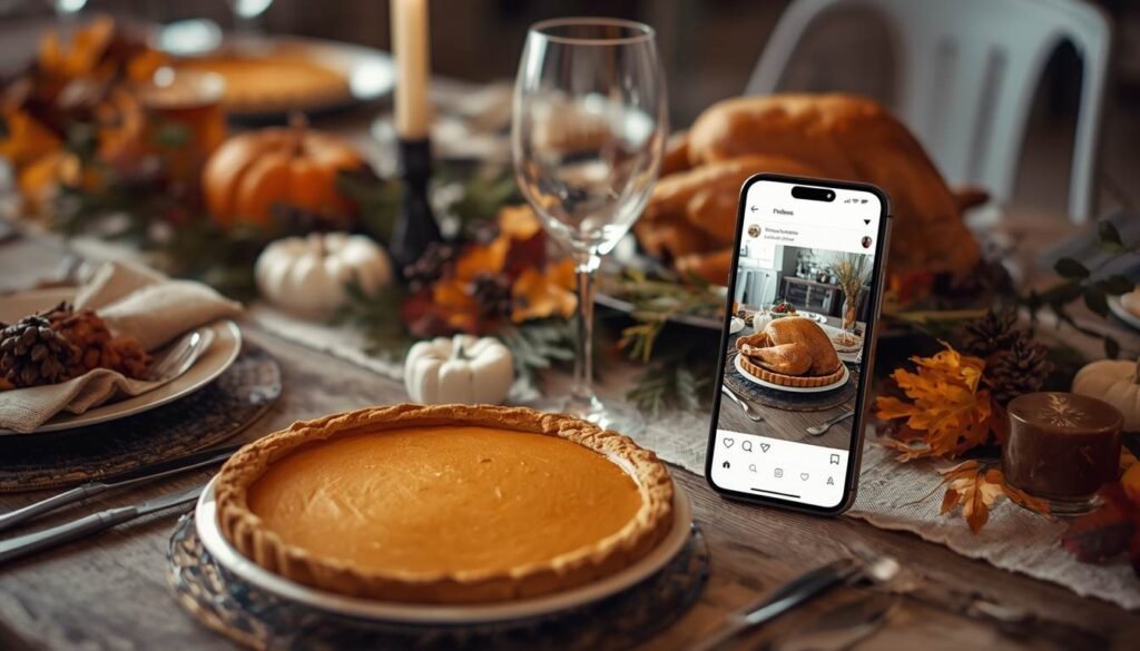 Thanksgiving dessert table with pumpkin, pecan, and apple pies
