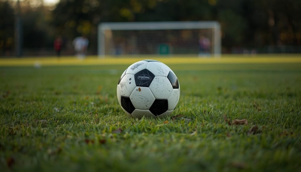 Football resting on green turf at golden hour with stadium lights in the background