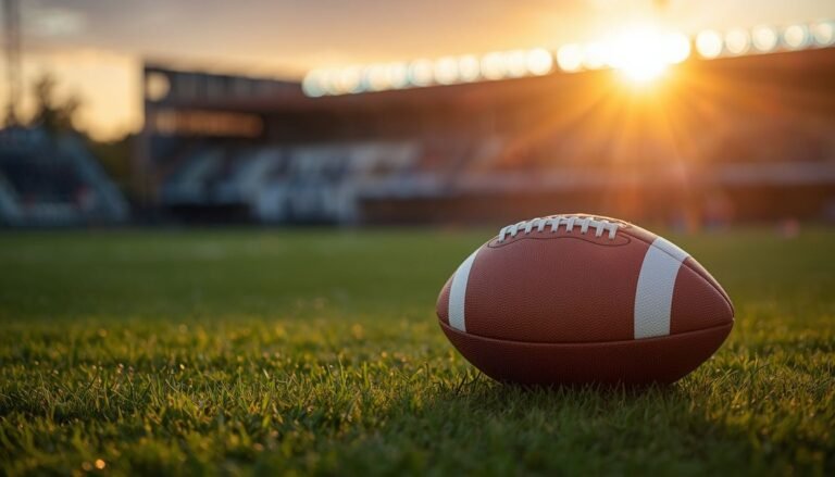 Football resting on green turf at golden hour with stadium lights in the background