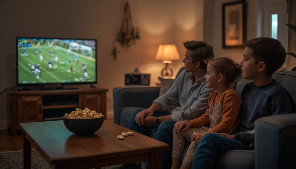 Family watching a football game together on the couch with popcorn
