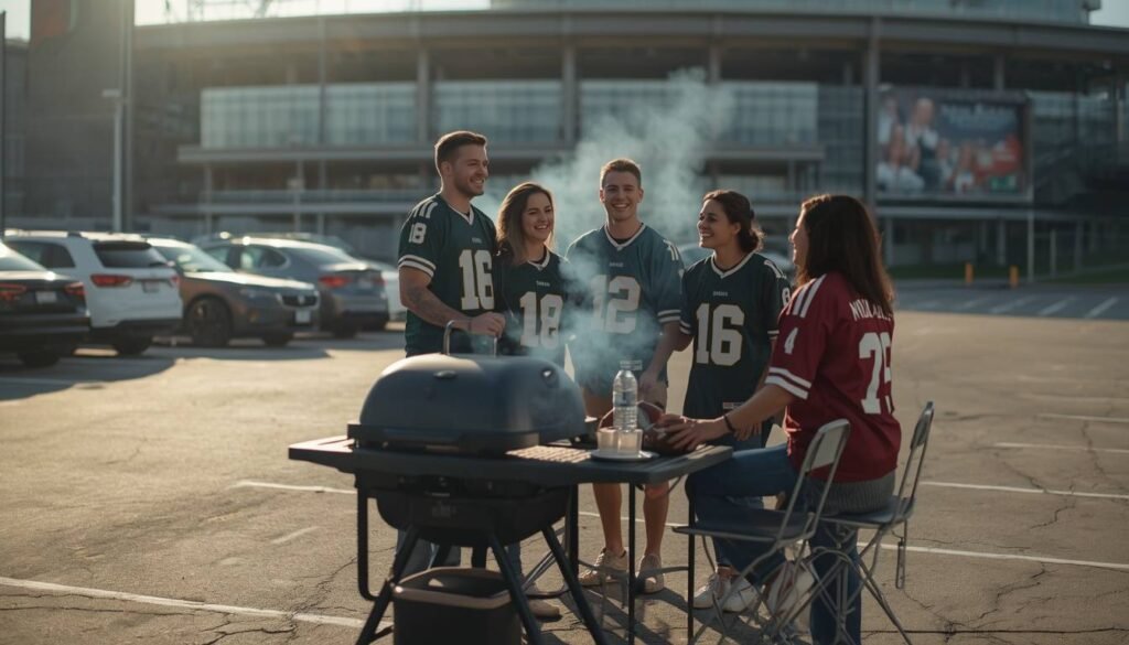 Friends tailgating and laughing together in a stadium parking lot before a football game
