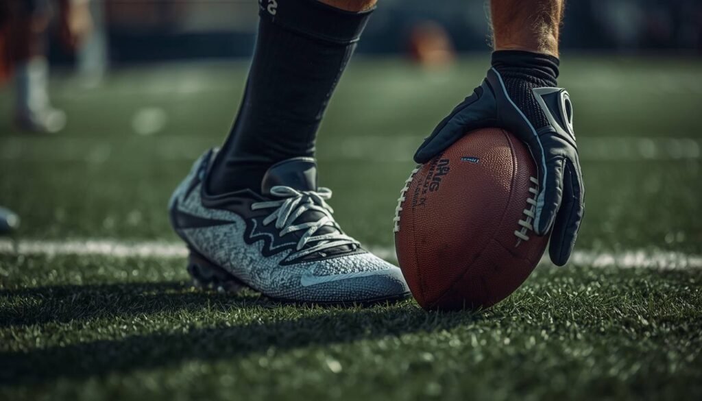 Close-up of football cleats and gloved hands gripping a football on the field
