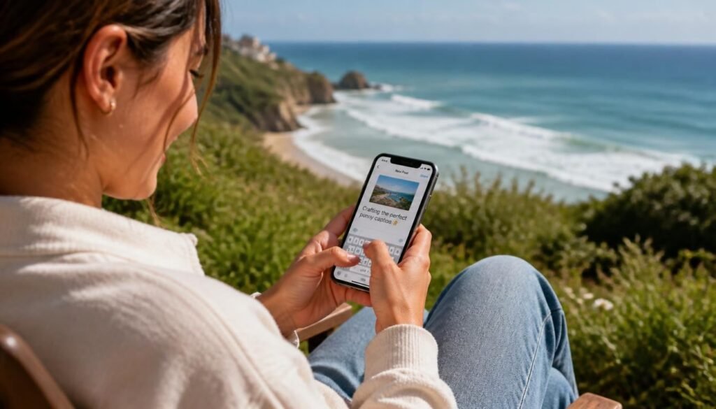  Alt Text: Person writing caption on phone at beach