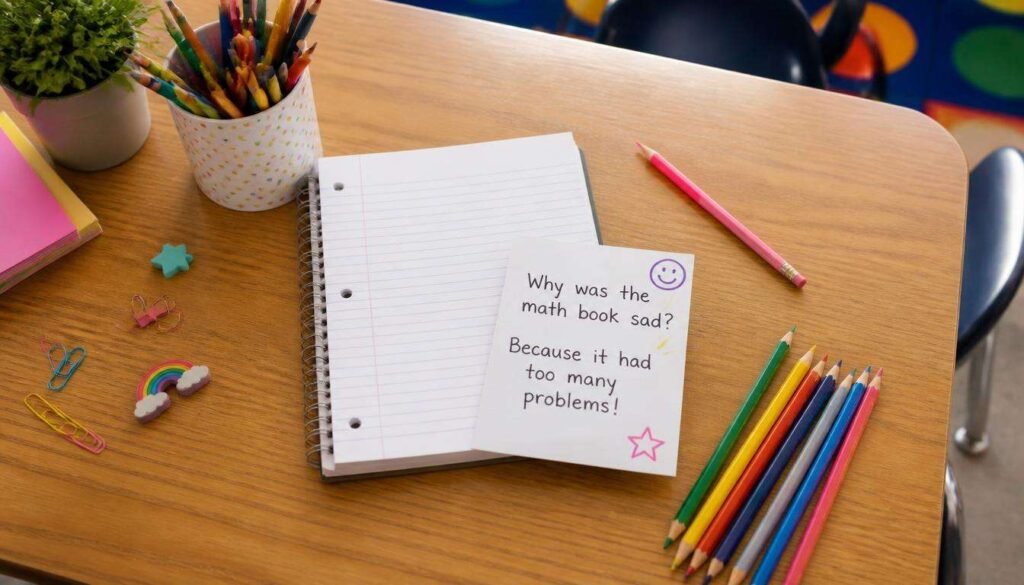 Alt Text: Classroom desk with notebook and pencils for silly kids jokes.