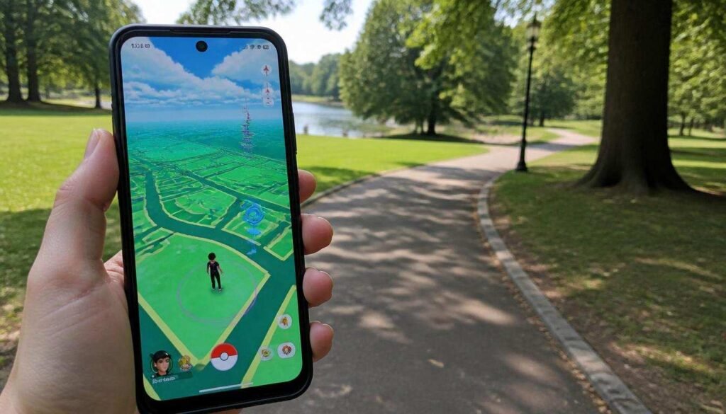 Alt Text: Smartphone showing a location-based game map with a park in the background