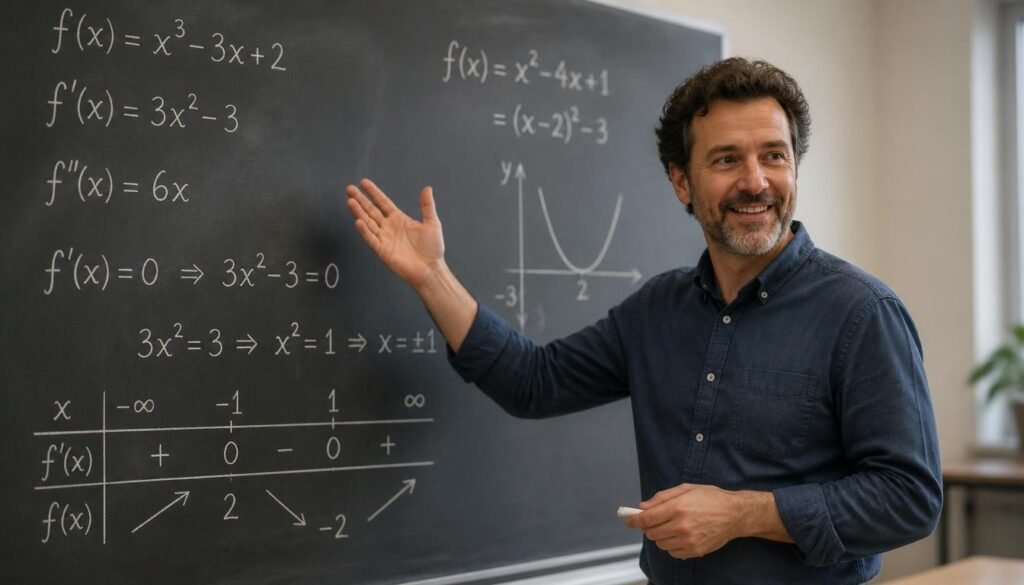 Alt Text: Teacher gesturing toward a chalkboard filled with math equations