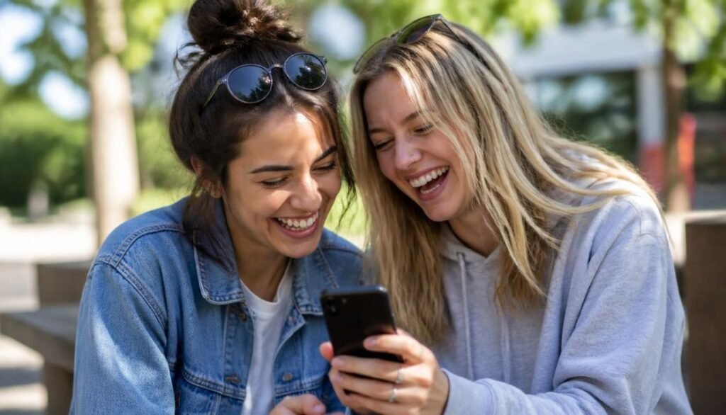 Alt Text: Two friends laughing outdoors while sharing silly jokes on phone.