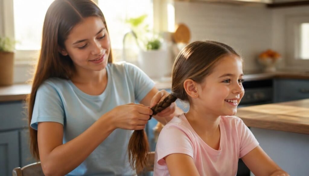  Alt Text: Teenage girl braiding her younger sister's hair in a sunny kitchen