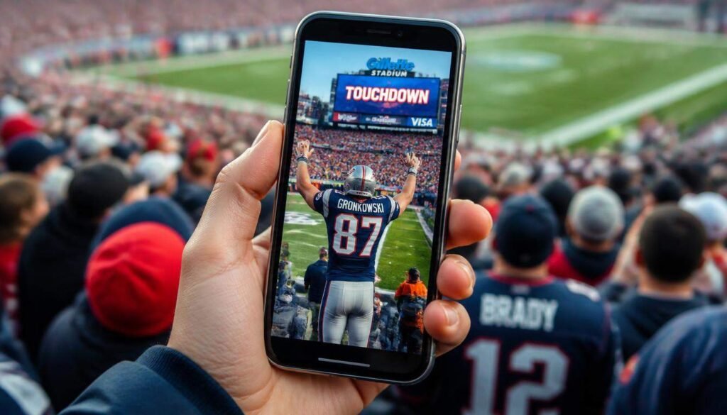 Alt Text: Hand holding a smartphone with a football game photo on screen