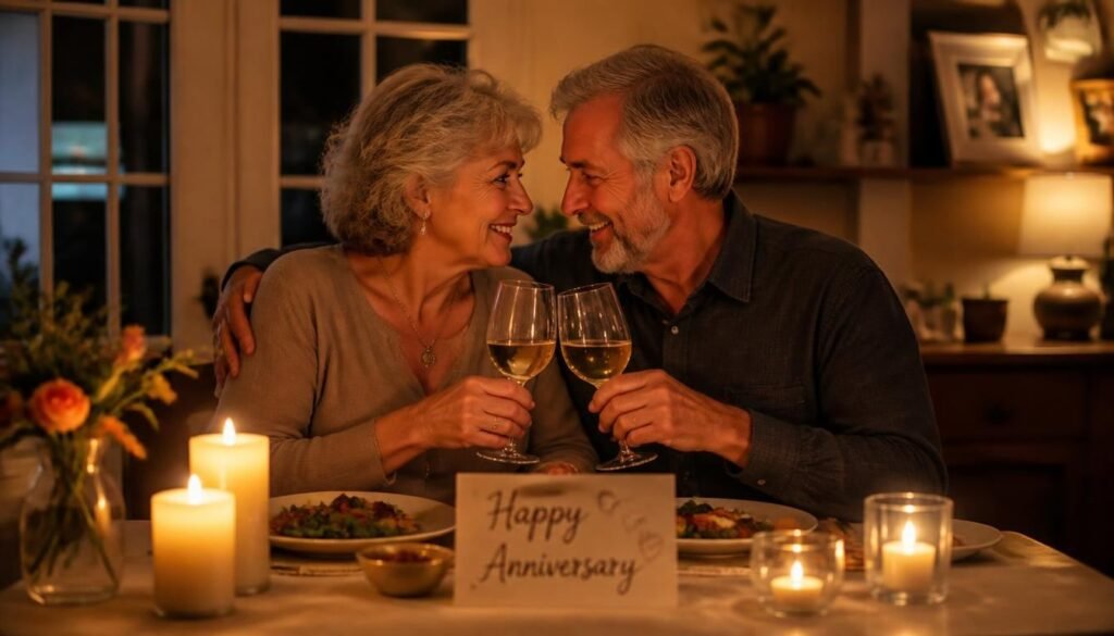Alt Text: Couple celebrating anniversary dinner at home with candles.