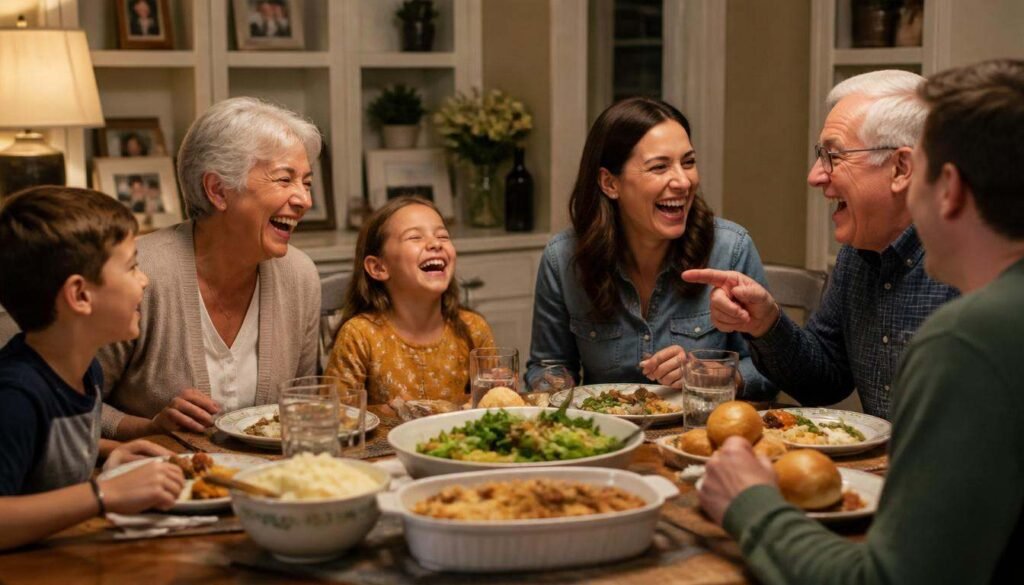 Alt Text: Family laughing together at dinner table sharing silly jokes.