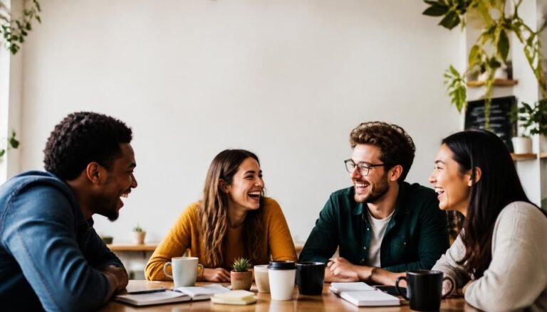 Alt Text: Friends laughing together at a table