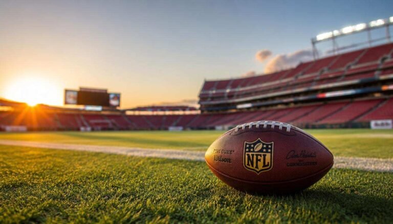 Alt Text: Football resting on a grass field with a stadium blurred in the background