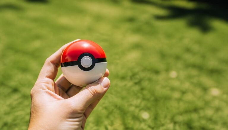 Alt Text: Hand holding a red and white collectible ball toy outdoors